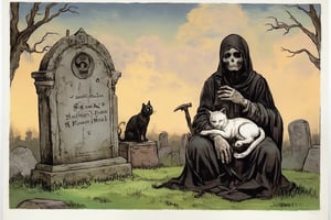 Grim reaper is sitting near of the tombstone with white cat. Cat is sleeping on grim reapers lap. Cat figure is on tombstone.