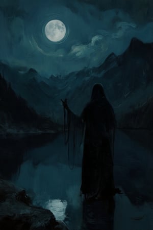 A ghost lady is standing near of the lake at night