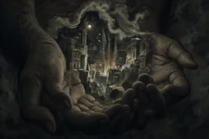 Female arms holds a city. Surreal art style, detailed buildings. Magacity is dark and silent. 