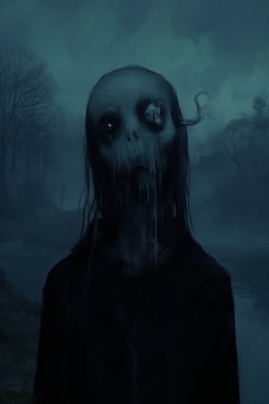 A ghost lady is standing near of the lake at night