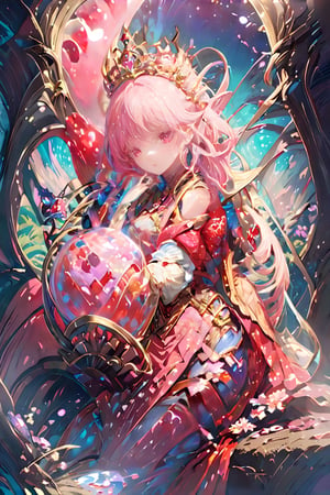 queen
queen has heart shape pink eyes.
queen holds a giant cup
pink and red color oriented
sit on thore of flowers
vertical, detailed
