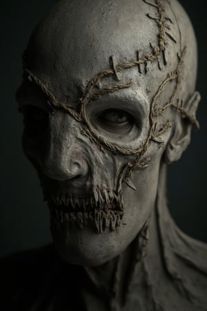 A close-up portrait of a semi-human, semi-skeleton figure with a crashed face, intricate stitching details visible on the skin, the subject's expression is eerie and unsettling, framed tightly on the face, set in a shadowy, industrial background, high contrast, sharp focus on the eyes and mouth, surreal and unnerving atmosphere.