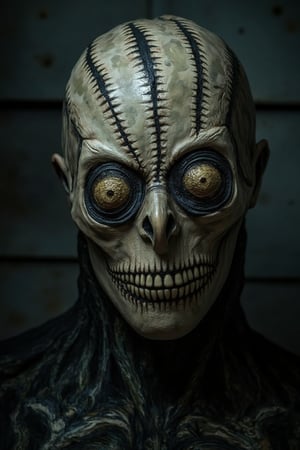 A close-up portrait of a semi-human, semi-skeleton figure with a crashed face, intricate stitching details visible on the skin, the subject's expression is eerie and unsettling, framed tightly on the face, set in a shadowy, industrial background, high contrast, sharp focus on the eyes and mouth, surreal and unnerving atmosphere.