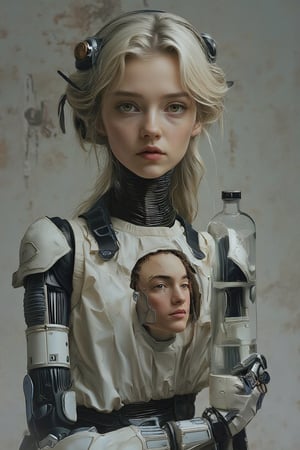 FUTURISTIC photography, woman has ronotic arms hold a bottle. A human head inside of bottle. She is half human half robot. She has dark blonde hair and yellow eyes. 
The head in the bottle has red eyes. detailee, vertical art. 