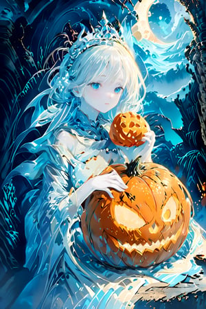 queen of pumpkins holds a big pumpkin. 
she has wide blue eyes.
 pale skin
 deatiled and vertical beautiful art