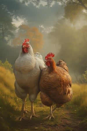 chicken and dinasour walking together