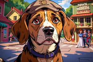 A Beagle with floppy ears, a brown coat, and intelligent brown eyes. He's wearing a small deerstalker hat and has a thoughtful expression. The background shows a quaint town with colorful houses and a prominent town museum building.
