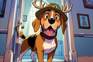 The Beagle wearing a deerstalker hat looks surprised, standing in the doorway with light streaming in behind him.
