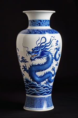 Create an image of a white Chinese vase with a Theo blue ink drawing of a Chinese dragon and a calligraphy inscription. The vase is set against a velvet black background, illuminated by a soft box light effect, highlighting the intricate details and the vibrant blue ink. The composition focuses on the vase, with the dragon and calligraphy prominently displayed, capturing the elegance and cultural significance of the piece.