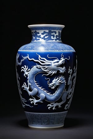 Create an image of a white Chinese vase with a Theo blue ink drawing of a Chinese dragon and a calligraphy inscription. The vase is set against a velvet black background, illuminated by a soft box light effect, highlighting the intricate details and the vibrant blue ink. The composition focuses on the vase, with the dragon and calligraphy prominently displayed, capturing the elegance and cultural significance of the piece.