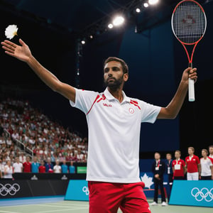 A dynamic shot of a male  Canadian badminton player, a dark-skinned east indian man with short hair, mid-rally at the 2024 Olympic competition. His focused eyes and perfect posture convey intense determination as he wears a sleek Canadian team uniform. The modern Olympic arena backdrop teems with enthusiastic crowds waving Canada flags and cheering him on. The Olympic rings stand out amidst the excitement, while the bright lighting accentuates his swift movements and concentrated expression as he readies to return a serve.