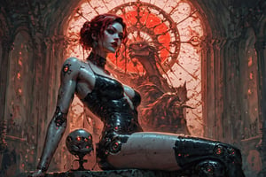 In an ancient throne room surrounded by windows. Sitting lasciviously and suggestively on the throne is a beautiful, very slim and sinewy female android in a technical full-body suit. The throne is flanked on the right and left by two very tall, very mechanical and very slim, wiry humanoid robots that look more like stick figures and act as guards. The guards stand in a guard position and are equipped with large lances. Light from the sun shines dramatically into the throne room from the side.
,ct-identity,score_9,score_8_up,score_7_up,rating_explicit, ((cyborg dress and mechanic elements)), Cyborg prosthetic concept,Cyborg,Robot,Mecha