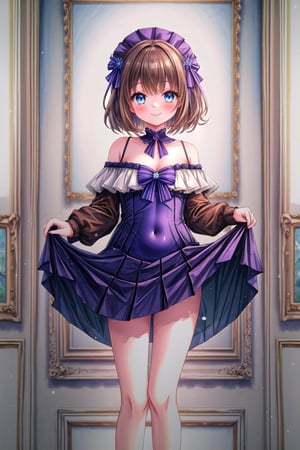 1girls, solo_female, (highest quality:1.4), Best aesthetics, Accurate, (masterpiece:1.4), beautiful detailed face, blue_eyes, smile, looking_at_viewer, brown_hair, purple_dress, short_skirt, legs, off_shoulders, exposed_navel