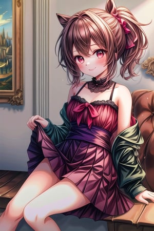 1girls, solo_female, (highest quality:1.4), Best aesthetics, Accurate, (masterpiece:1.4), beautiful detailed face, pony_tail, red_eyes, smile, looking_at_viewer, brown_hair, purple_dress, short_skirt, legs, off_shoulders