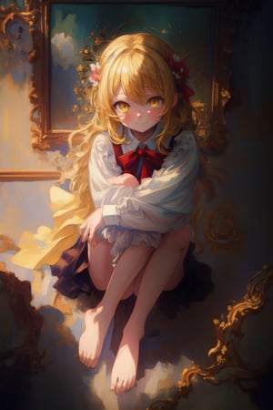 (highest quality:1.4), Best aesthetics, Accurate, (masterpiece:1.4), beautiful detailed face, looking_at_viewer, yellow_hair, legs, full_body, yellow eyes, long_hair, loli, white_blouse, hugging own legs, sad smile, from above, Beautiful eyes