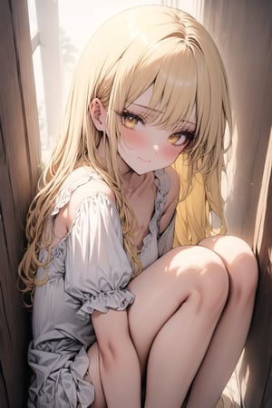 (highest quality:1.4), Best aesthetics, Accurate, (masterpiece:1.4), beautiful detailed face, looking_at_viewer, yellow_hair, legs, full_body, yellow eyes, long_hair, loli, white_blouse, hugging legs, sad smile, from above