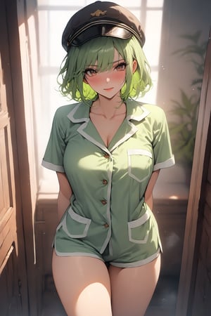 1girls, solo_female, (highest quality:1.4), Best aesthetics, Accurate, (masterpiece:1.4), beautiful detailed face, looking_at_viewer, green_hair, legs, full_body, brown eyes, big_thighs, short_hair, newsboy cap, pajama, horny face, arms behind back