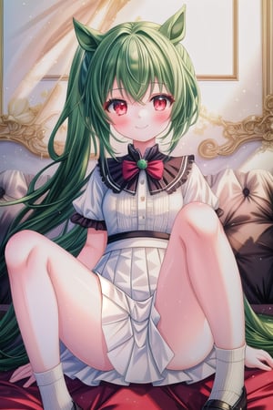 1girls, solo_female, (highest quality:1.4), Best aesthetics, Accurate, (masterpiece:1.4), beautiful detailed face, pony_tail, red_eyes, smile, looking_at_viewer, green_hair, white_dress, short_skirt, open_legs