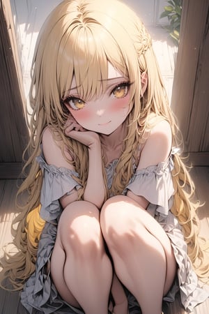 (highest quality:1.4), Best aesthetics, Accurate, (masterpiece:1.4), beautiful detailed face, looking_at_viewer, yellow_hair, legs, full_body, yellow eyes, long_hair, loli, white_blouse, hugging legs, sad smile, from above