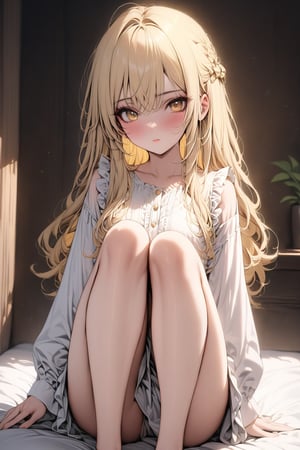 (highest quality:1.4), Best aesthetics, Accurate, (masterpiece:1.4), beautiful detailed face, looking_at_viewer, yellow_hair, legs, full_body, yellow eyes, long_hair, loli, white_blouse