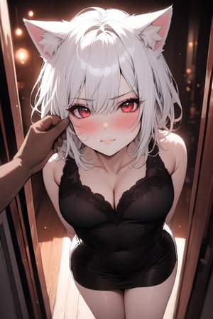 1girls, (highest quality:1.4), Best aesthetics, Accurate, (masterpiece:1.4), beautiful detailed face, looking_at_viewer, white_hair, legs, full_body, red eyes, big_thighs, short_hair, horny face, arms behind back, from above, one-piece dress, cat_ears, cheek pinching, pov hands, puffy cheeks