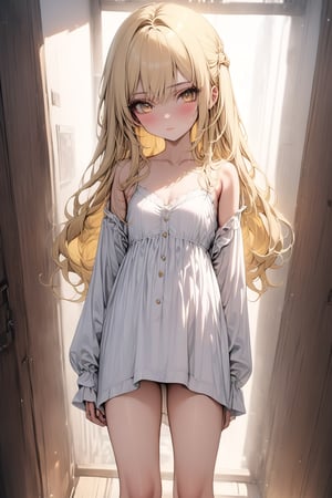 (highest quality:1.4), Best aesthetics, Accurate, (masterpiece:1.4), beautiful detailed face, looking_at_viewer, yellow_hair, legs, full_body, yellow eyes, long_hair, loli, white_blouse, standing