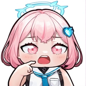 :<, boring , funny , meme , tired , sleepy , confused , pose , hands up , Emote , 1girl, solo, blush, short hair, open mouth, bangs, arm up , simple ,  shirt, hair ornament, holding, white shirt, upper body, pink hair, heart, teeth, virtual youtuber, sailor collar, halo, portrait, white sailor collar, heart hair ornament, necktie, sleeveless, chibi  , white background, pink eyes 