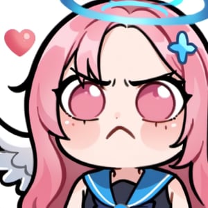  mad , Furious , angry , shock ,  Emote , high quality, high res , highly detailed face, white background, chibi , upper body close up , 1girl , solo , cute face , pink hair , blue halo , tensi , angel , pink eyes , cute , chibi , girl , sticker , emote , white background , funny , crystal heart blue hairpin , sleeveless sailor suit , wings , twitch , Blue Archive , black skirt , black stocking