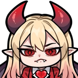 mad , Bored , Annoy , boring , Emote , high quality, high res , highly detailed face, white background, chibi , 1girl , solo , cute face , blonde hair , vampire , dark , wings , evil , red eyes , devil , black horn , red heart crystal pin , twitch , fangs , long bangs , magenta highlight hair , kawaii , sexy