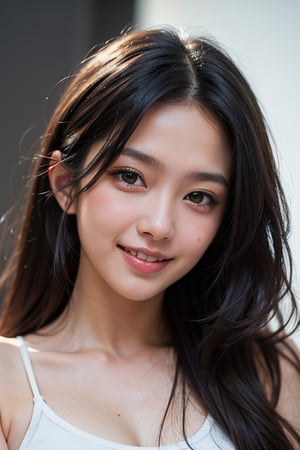 (Best quality, Masterpiece, raw photo, UHD:1.2),lifelike rendering, Photo of Pretty asian female, 1girl, solo, 20-years-old, stunning, portrait, BREAK sexy face, sexy eyes, sweety smile, look at viewer, from front below, white teeth, highly details, (detailed real skin texture), detailed hair, detailed fabric rendering 