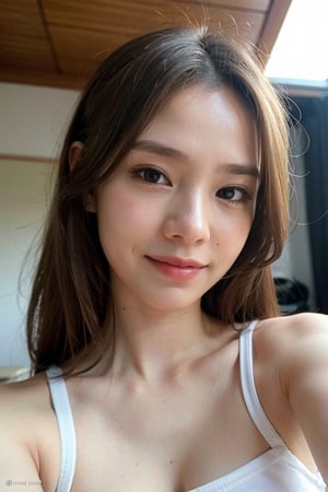 (Best quality, 8k, 32k, Masterpiece, raw photo, UHD:1.2),lifelike rendering, Photo of Pretty asian female, 1girl, solo, 20-years-old, stunning, portrait, BREAK sexy face, sexy eyes, sweety smile, look at viewer, from front below, white teeth, highly details, (detailed real skin texture), detailed hair, detailed fabric rendering, AIDA_LoRA_ElonaV