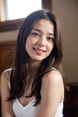 (Best quality, 8k, 32k, Masterpiece, raw photo, UHD:1.2),lifelike rendering, Photo of Pretty asian female, 1girl, solo, 20-years-old, stunning, portrait, BREAK sexy face, sexy eyes, sweety smile, look at viewer, from front below, white teeth, highly details, (detailed real skin texture), detailed hair, detailed fabric rendering, AIDA_LoRA_EvaR