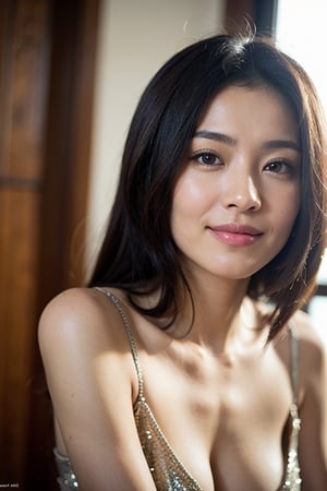 (Best quality, 8k, 32k, Masterpiece, raw photo, UHD:1.2),lifelike rendering, Photo of Pretty asian female, 1girl, solo, 20-years-old, stunning, portrait, BREAK sexy face, sexy eyes, sweety smile, look at viewer, from front below, white teeth, highly details, (detailed real skin texture), detailed hair, detailed fabric rendering 