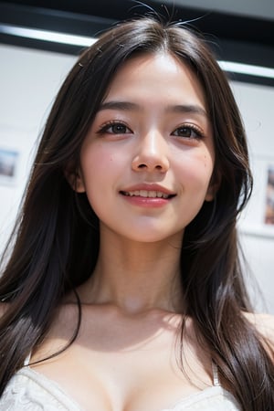 (Best quality, Masterpiece, raw photo, UHD:1.2),lifelike rendering, Photo of Pretty asian female, 1girl, solo, 20-years-old, stunning, portrait, BREAK sexy face, sexy eyes, sweety smile, look at viewer, from front below, white teeth, highly details, (detailed real skin texture), detailed hair, detailed fabric rendering 