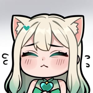 Sleepy , tired , Eyes closed  , shut  , Dozing off ,   sexy , hentai ,  Emote , high quality, high res , highly detailed face, white background, chibi , 1girl , solo , cute face , kawaii , sexy , twitch , 1girl , loli , white blonde hair , green heart crystal , sexy , cat ears , dot eyebrow , blue green eyes  ,loli , angel , green dress , long hair , middle bangs