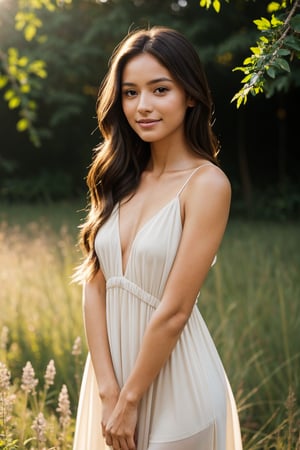 A beautiful young woman stands in soft, natural light. gentle smile, She has delicate, refined features with bright, expressive eyes and a gentle smile. Her long hair flows gracefully over her shoulders, moving slightly in the breeze. She is dressed in light, flowing clothing, a soft pastel-colored dress that compliments her glowing complexion. Her pose is relaxed and serene, as if she’s enjoying a quiet moment in nature. The background is softly blurred, highlighting the focus on her face and her effortless grace.