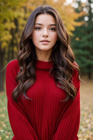 Beautiful young girl wears red sweater, big breasts, long wavy hair, standing, look up