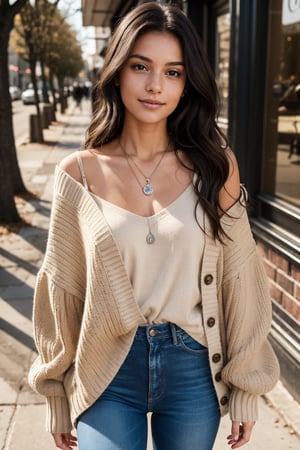 A young girl with long, wavy dark hair cascading down her shoulders, wearing a cozy oversized beige sweater. Her face is soft and expressive, with delicate features—a small nose, full lips, and bright, wide almond-shaped green eyes. She has a light dusting of freckles across her cheeks and a gentle, thoughtful smile. The girl is dressed in a pair of dark skinny jeans and brown ankle boots. Around her neck, she wears a simple silver pendant. Her overall look is casual but effortlessly stylish, exuding a relaxed, warm vibe. 