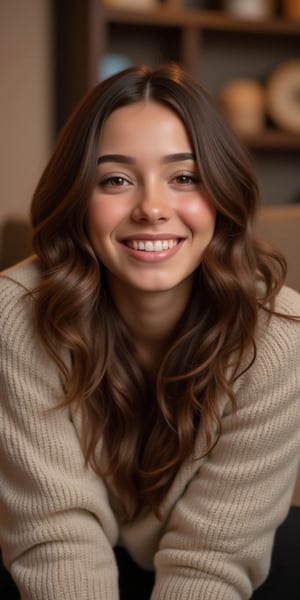 A young woman with long, wavy brown hair, sitting in a cozy, softly lit room. She has a warm, genuine smile that lights up her face, her eyes crinkling with joy. Her hair cascades over her shoulders, adding a soft, natural touch to her look. She wears a comfortable sweater, leaning slightly forward, radiating warmth and affection