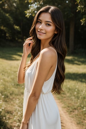 A beautiful young woman stands in soft, natural light. gentle smile, She has delicate, refined features with bright, expressive eyes and a gentle smile. Her long hair flows gracefully over her shoulders, moving slightly in the breeze. She is dressed in light, flowing clothing, a soft pastel-colored dress that compliments her glowing complexion. Her pose is relaxed and serene, as if she’s enjoying a quiet moment in nature. The background is softly blurred, highlighting the focus on her face and her effortless grace.