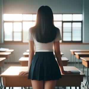 A rear view of a girl in a short skirt, leaning over a desk in a classroom. The shot captures her from behind, with natural light filtering through the windows, highlighting her pose. The composition focuses on her casual attire and the classroom setting, emphasizing the relaxed atmosphere.