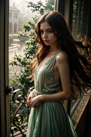 beautiful detailed eyes, long flowing hair, elegant dress, soft natural lighting, vibrant colors, dream-like atmosphere, misty surroundings, serene expression, whimsical elements, (magical, ethereal:1.2)