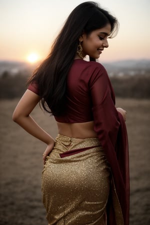 indian bollywood look beautiful young girl with smart look, complete hands, hd, no dots, no blur, original_character, beutiful pose, light_brown_eyes, full_body, school_girl, one_eyes_closed, beutiful_smile, long_hair, one foot was up behind the second leg, (highres:1.2), (fantasy theme:1.2), (bokeh:1.2), (best quality:1.2), (soothing tones:1.3), (masterpiece:1.2), (realistic:1.2), (ultradetailed:1.2), ((shiny skin:1.2)), ((white skin:1.2)), ((realistic skin:1.2)), (perfect body:1.4), (elegant:1.2), (breathtaking:1.2), opsional, high quality, (HDR:1.3), RAW photo, 16K, intricate background, ((perfect hand:1.2)), ((perfect finger:1.2)), finger detailed, background detailed, (cinematic lighting), high contrast, ((long hair:1.2)), (black hair), ((slim waist:1.2)), ((hourglass body shape:1.2)), ((maroon saree)), ((maroon blouse)), indian dress, red colour dress, hair ornament, from behind, back body , looking_at_back