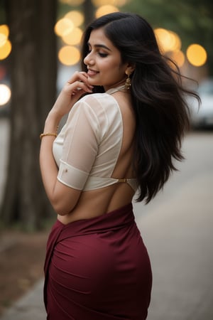 indian bollywood look beautiful young girl with smart look, complete hands, hd, no dots, no blur, original_character, beutiful pose, light_brown_eyes, full_body, school_girl, one_eyes_closed, beutiful_smile, long_hair, one foot was up behind the second leg, (highres:1.2), (fantasy theme:1.2), (bokeh:1.2), (best quality:1.2), (soothing tones:1.3), (masterpiece:1.2), (realistic:1.2), (ultradetailed:1.2), ((shiny skin:1.2)), ((white skin:1.2)), ((realistic skin:1.2)), (perfect body:1.4), (elegant:1.2), (breathtaking:1.2), opsional, high quality, (HDR:1.3), RAW photo, 16K, intricate background, ((perfect hand:1.2)), ((perfect finger:1.2)), finger detailed, background detailed, (cinematic lighting), high contrast, ((long hair:1.2)), (black hair), ((slim waist:1.2)), ((hourglass body shape:1.2)), ((maroon saree)), ((maroon blouse)), indian dress, red colour dress, hair ornament, from behind, back body , looking_at_back