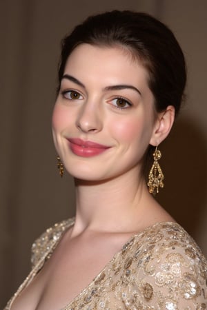 [ a  photo of hot Anne Hathaway    ] 

(  Her physique is incredibly  tall, sexy,well groomed . She has  super broad shoulders. Her skin is extremely pale white Her skin is healthy glowing and have a mature texture )

She is bit  mature and 45 years old 

I apologize for misunderstanding your request. Let me now focus on crafting the descriptive paragraph you asked for.

The photo shows a woman with a smooth, radiant skin texture and a warm, even-toned complexion. Her skin glows naturally, with no visible makeup or lipstick, emphasizing her untouched beauty. She has dark brown hair styled in a sleek updo, with a few loose strands softly framing her face. Her expression is warm and joyful, with a bright smile that exudes confidence and calmness. She is wearing a glittering, intricately detailed gold dress that catches the light, adding elegance to her appearance. The photo’s lighting is soft, highlighting her facial features and creating a gentle glow on her skin. The natural setup, with her poised demeanor and lack of heavy makeup, gives the photo a serene and graceful atmosphere, making it feel authentic and photorealistic. The photo appears to have been taken at a formal event, with the lighting carefully designed to enhance her natural look.

[ no make-up ]

( Insanely detailed skin texture. Photorealistic. Depth of field. Make sure to make The Female Character  overly sexualized  )