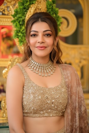 (Sharp focus, Ultra HD, ): A medium-close-up shot of Kajal Agarwal in a traditional Indian blouse, intricately embroidered with golden patterns. The blouse showcases her navel and midriff, accentuating her graceful curves with a delicate, shimmering dupatta draped loosely over one shoulder. Her jewelry glistens in the soft, golden sunlight, while her waist is adorned with a gold chain that adds a touch of elegance. She wears a gentle smile, her eyes full of warmth and poise. The background softly blurs with vibrant wedding decor, while the focus remains on her radiant beauty, emphasizing the intricate details of her outfit