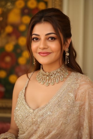 (Sharp focus, Ultra HD, ): A medium-close-up shot of Kajal Agarwal in a traditional Indian blouse, intricately embroidered with golden patterns. The blouse showcases her navel and midriff, accentuating her graceful curves with a delicate, shimmering dupatta draped loosely over one shoulder. Her jewelry glistens in the soft, golden sunlight, while her waist is adorned with a gold chain that adds a touch of elegance. She wears a gentle smile, her eyes full of warmth and poise. The background softly blurs with vibrant wedding decor, while the focus remains on her radiant beauty, emphasizing the intricate details of her outfit