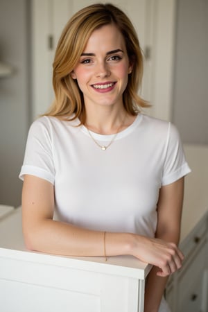 [ a  photo of hot Emma Watson   ] 

(  Her physique is  tall, sexy,well groomed . She has   broad shoulders. Her skin is extremely pale white Her skin is healthy glowing and have a mature texture )

She is bit  mature and 45 years old 

The photo portrays a  woman with naturally flawless skin, free from any visible makeup, emphasizing her fresh and genuine beauty. Her skin has a soft, smooth texture, with a pale complexion that carries a healthy, even tone. Her hair is medium-length, a natural dark brown color, and slightly wavy, cascading down her shoulders. The hair is styled simply, with a part down the middle, showing minimal effort yet maintaining an elegant, effortless look.

a blonde woman stands in front of a white counter, her left hand resting on the counter's edge. She is wearing a white short-sleeved t-shirt, a white skirt, and black and white leopard print high-heeled sandals. Her hair is styled in a short bob, and she is smiling. 

The lighting in the photo is soft and even, likely natural light, which casts a gentle glow on her face without creating any harsh shadows. The subtle lighting highlights her natural features without adding artificial glamour. This photo feels like a candid or posed moment, taken in a controlled environment, giving it a highly photorealistic quality that captures her authentic, natural beauty.


[ no make-up ]

( Insanely detailed skin texture. Photorealistic. Depth of field. Make sure to make The Female Character  overly sexualized  )