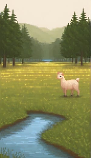 alpacas, variety of color, field, trees, water,alpacas of different colors