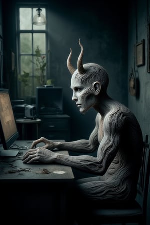 a human body with head made of text "FAKE" with devil horns, sitting down in front of a computer in a dark gloomy room.
